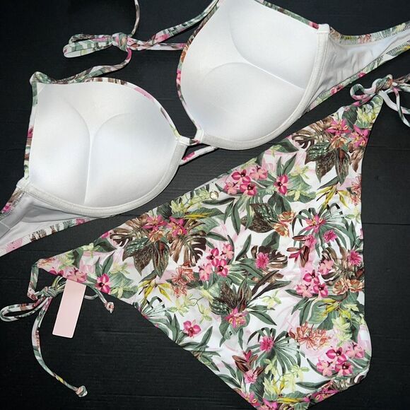 Victoria's Secret 38DD BOMBSHELL BIKINI XXL bottom WHITE GREEN PALM PINK ORCHID - Picture 3 of 5